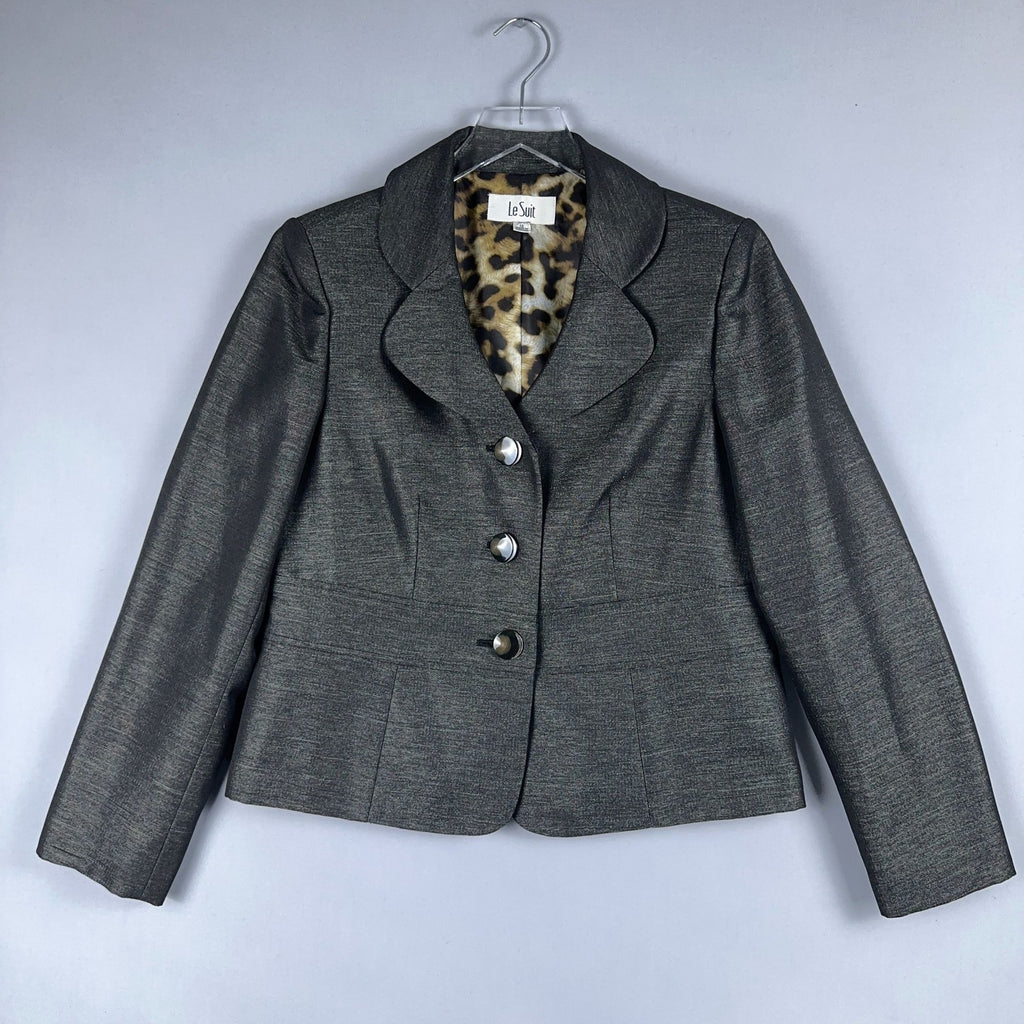 Le Suit Blazer Jacket Womens Size 12 Gray Leopard Print Lining Notched Collar