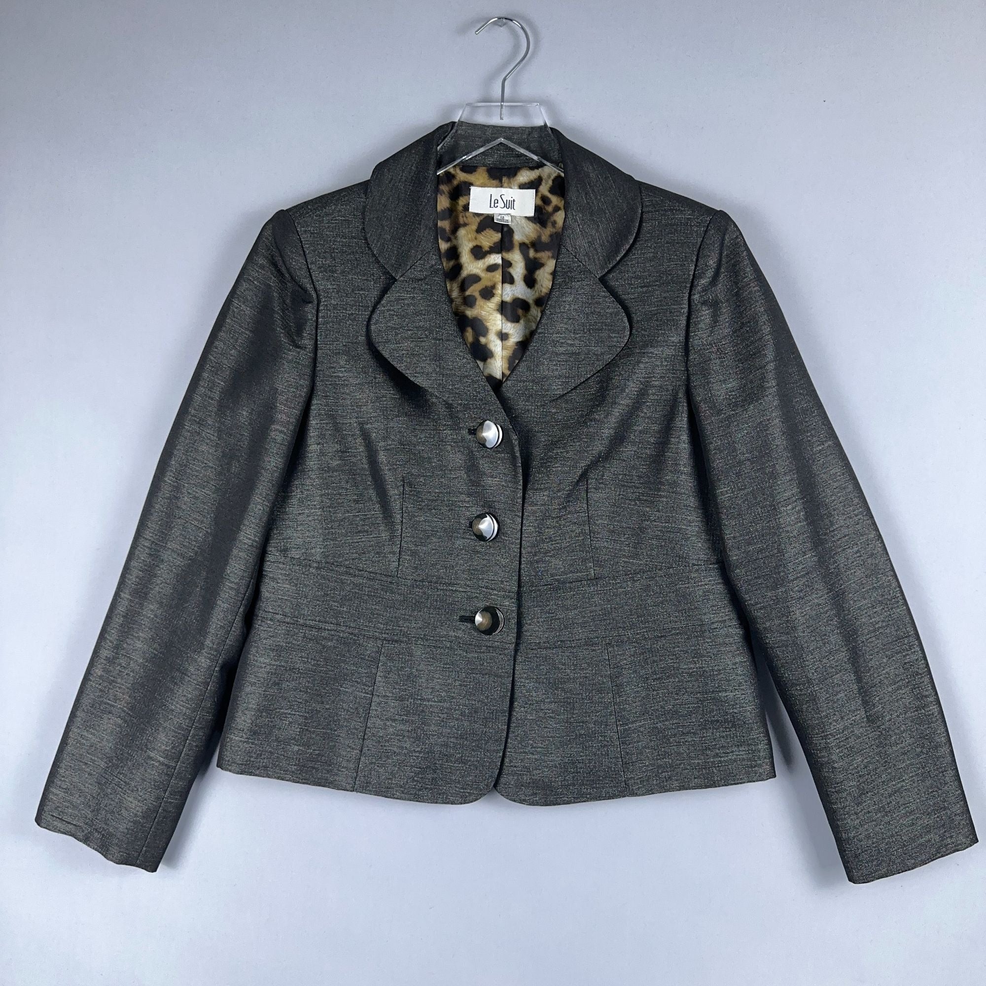 Le Suit Blazer Jacket Womens Size 12 Gray Leopard Print Lining Notched Collar