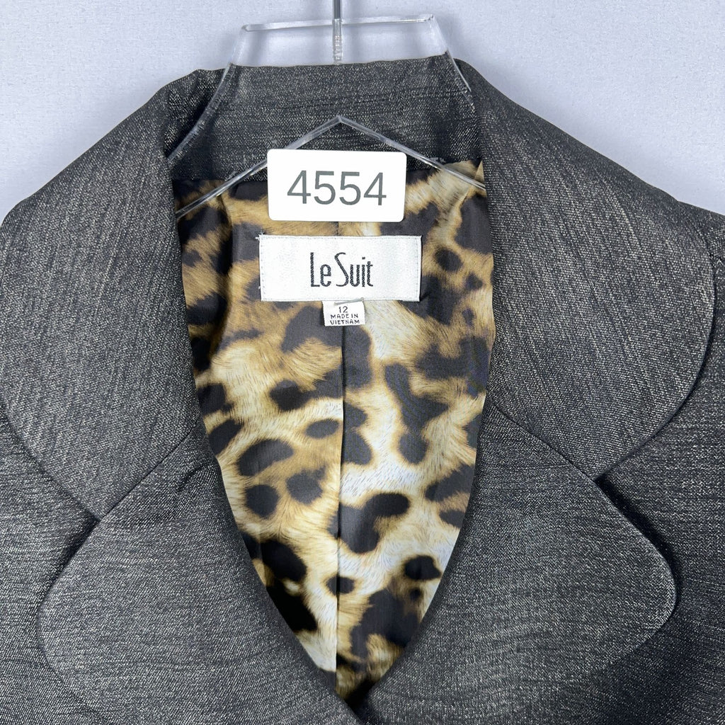 Le Suit Blazer Jacket Womens Size 12 Gray Leopard Print Lining Notched Collar