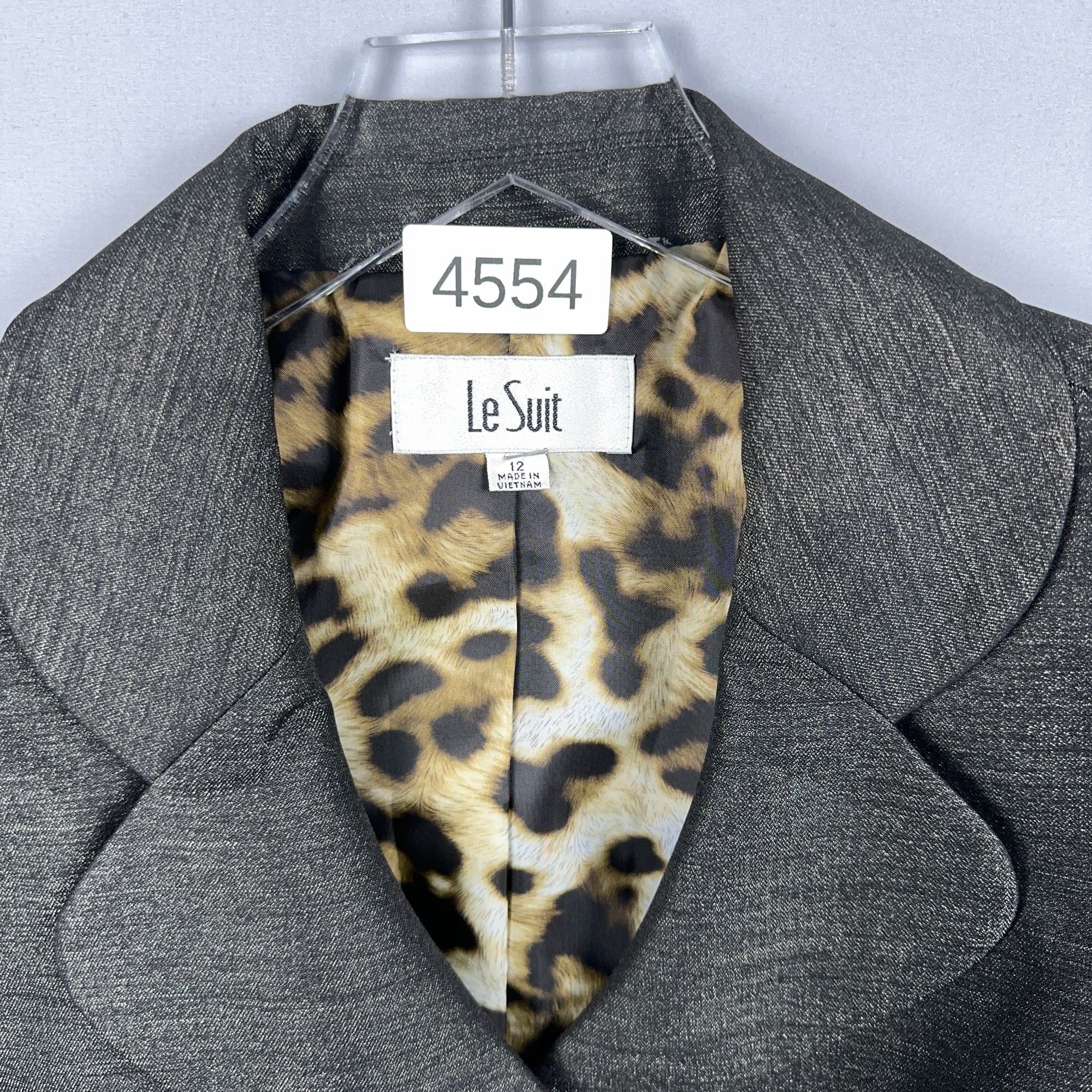 Le Suit Blazer Jacket Womens Size 12 Gray Leopard Print Lining Notched Collar