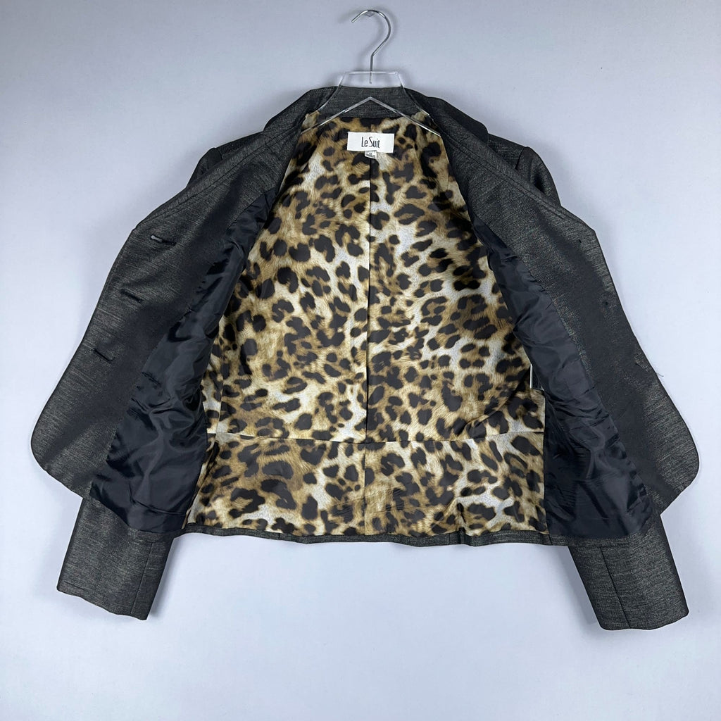 Le Suit Blazer Jacket Womens Size 12 Gray Leopard Print Lining Notched Collar