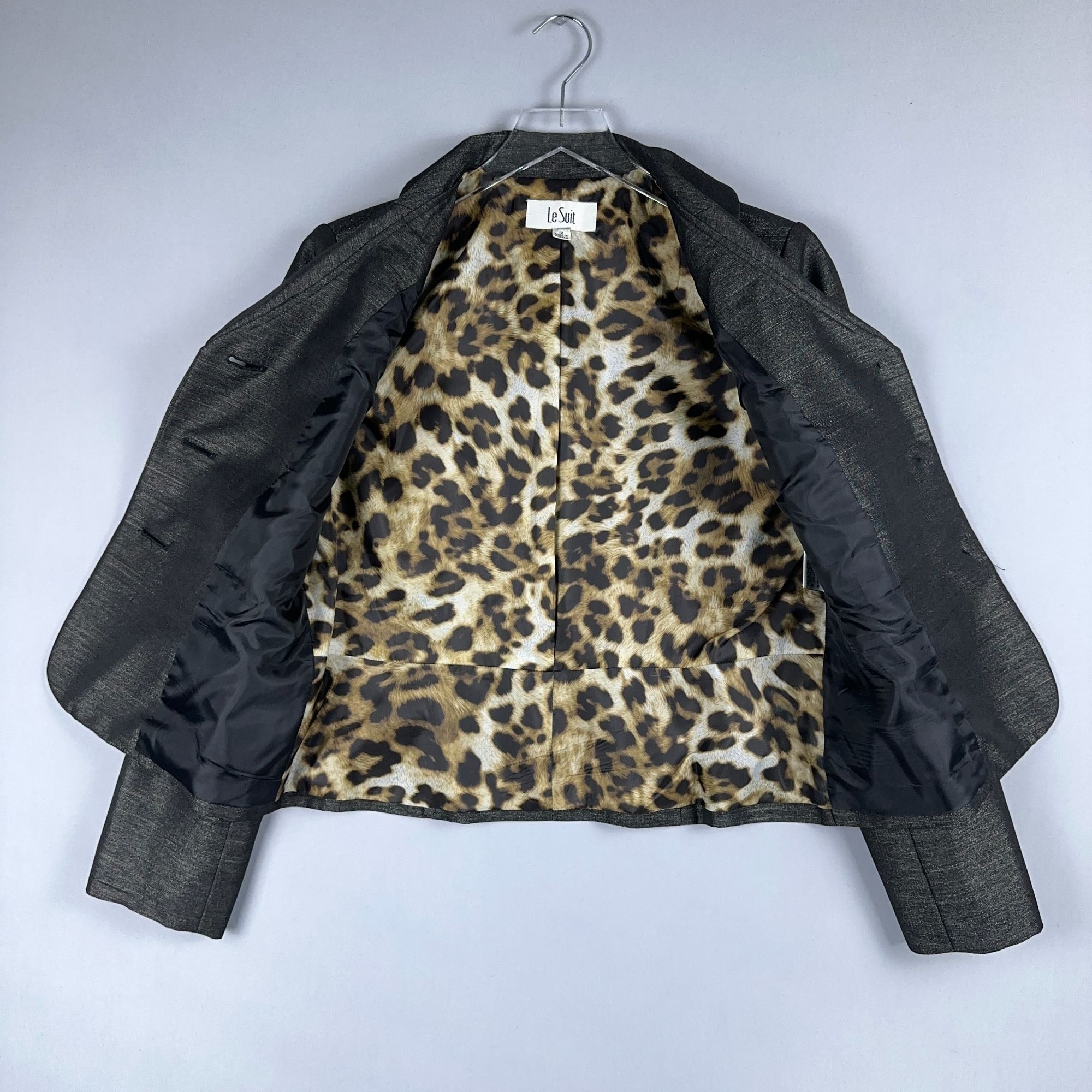 Le Suit Blazer Jacket Womens Size 12 Gray Leopard Print Lining Notched Collar