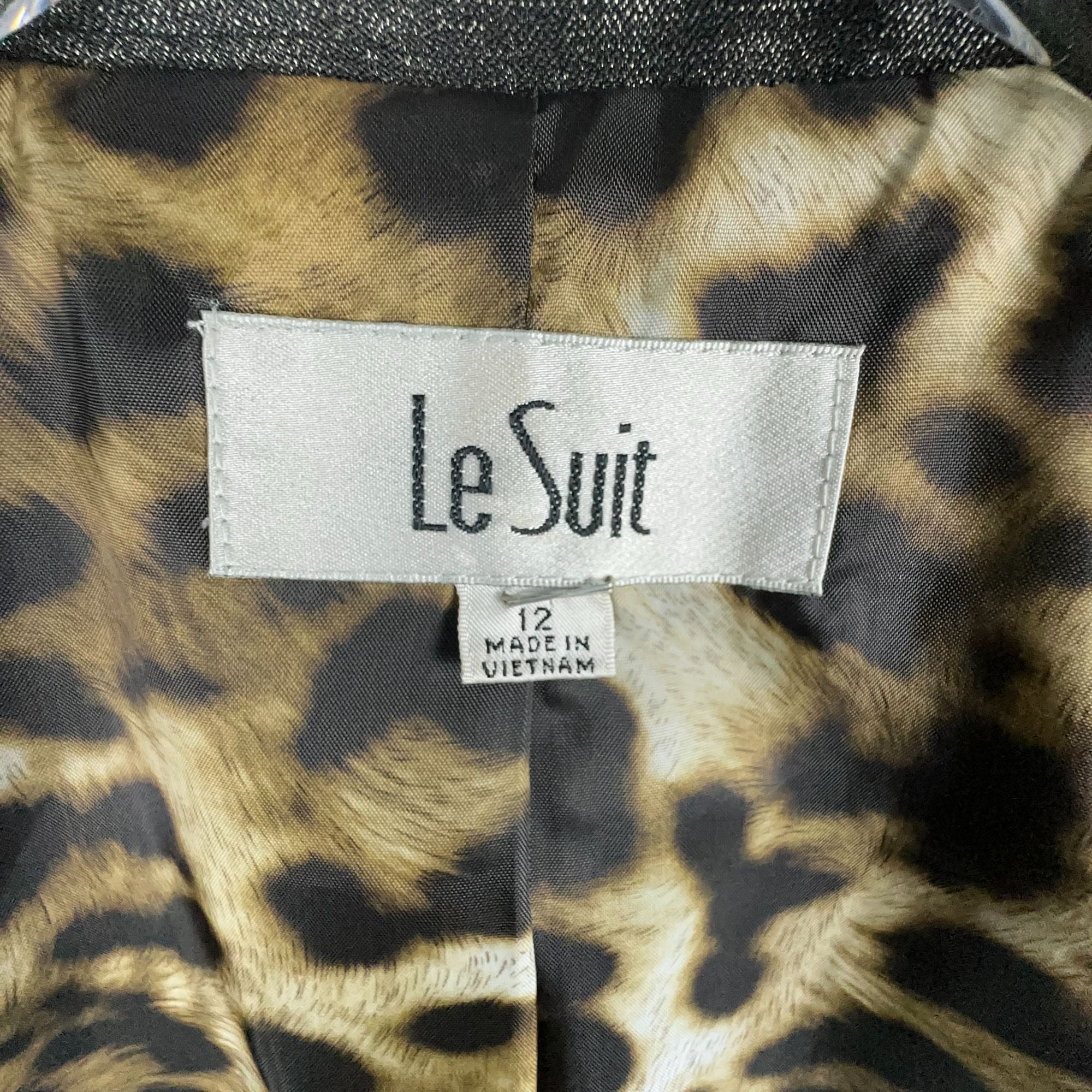 Le Suit Blazer Jacket Womens Size 12 Gray Leopard Print Lining Notched Collar