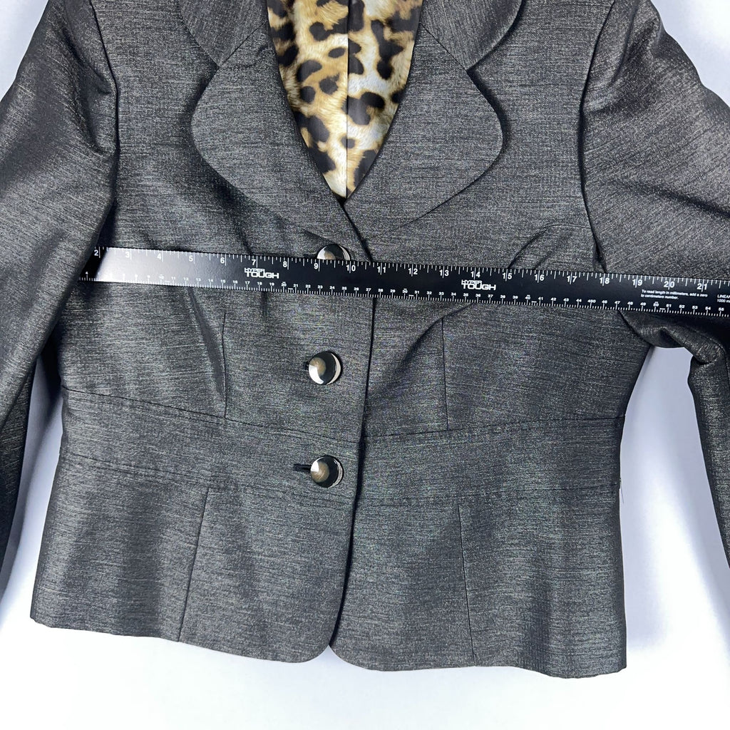 Le Suit Blazer Jacket Womens Size 12 Gray Leopard Print Lining Notched Collar