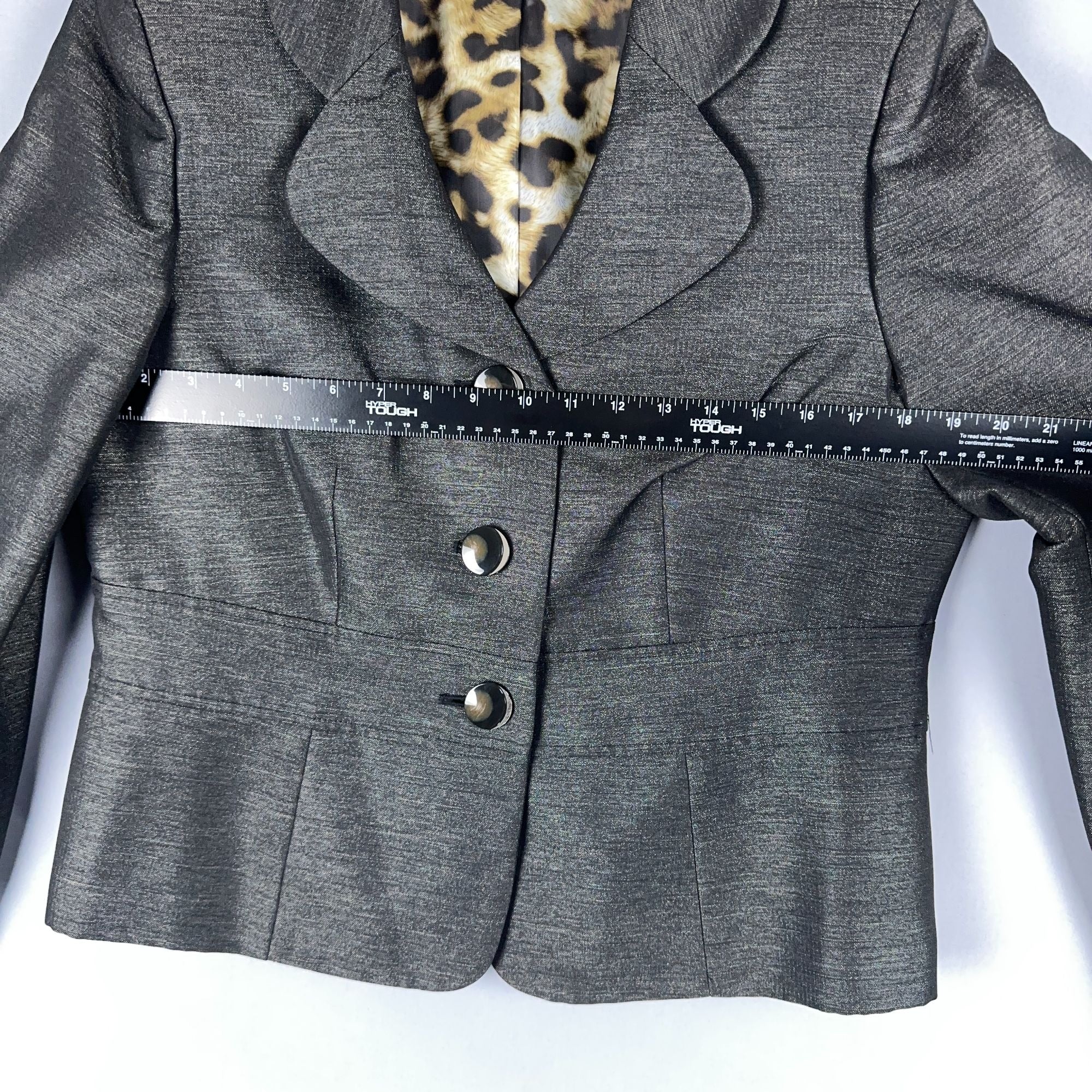 Le Suit Blazer Jacket Womens Size 12 Gray Leopard Print Lining Notched Collar