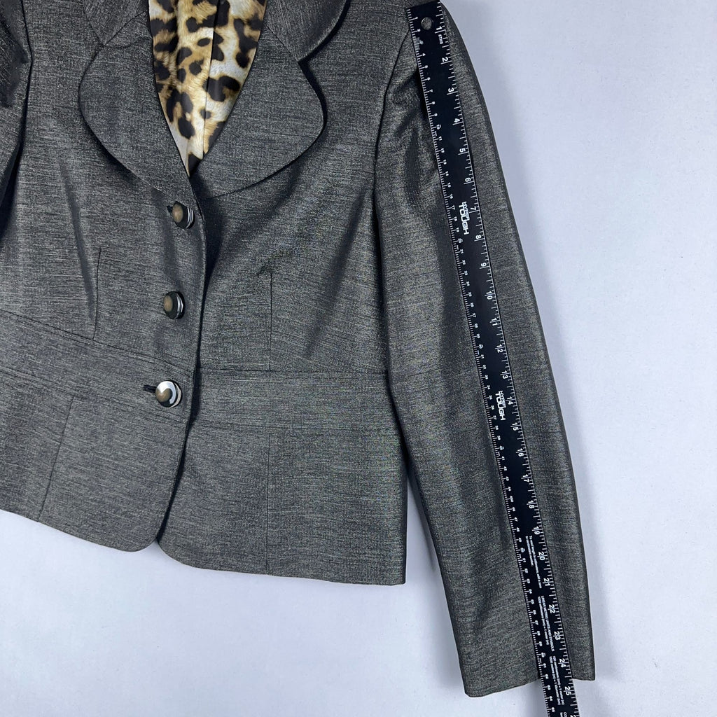 Le Suit Blazer Jacket Womens Size 12 Gray Leopard Print Lining Notched Collar