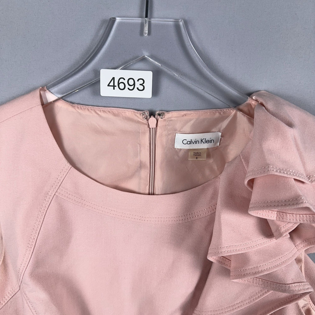 Calvin Klein Dress Size 8 Blush Pink Ruffle-Shoulder Elegant Professional