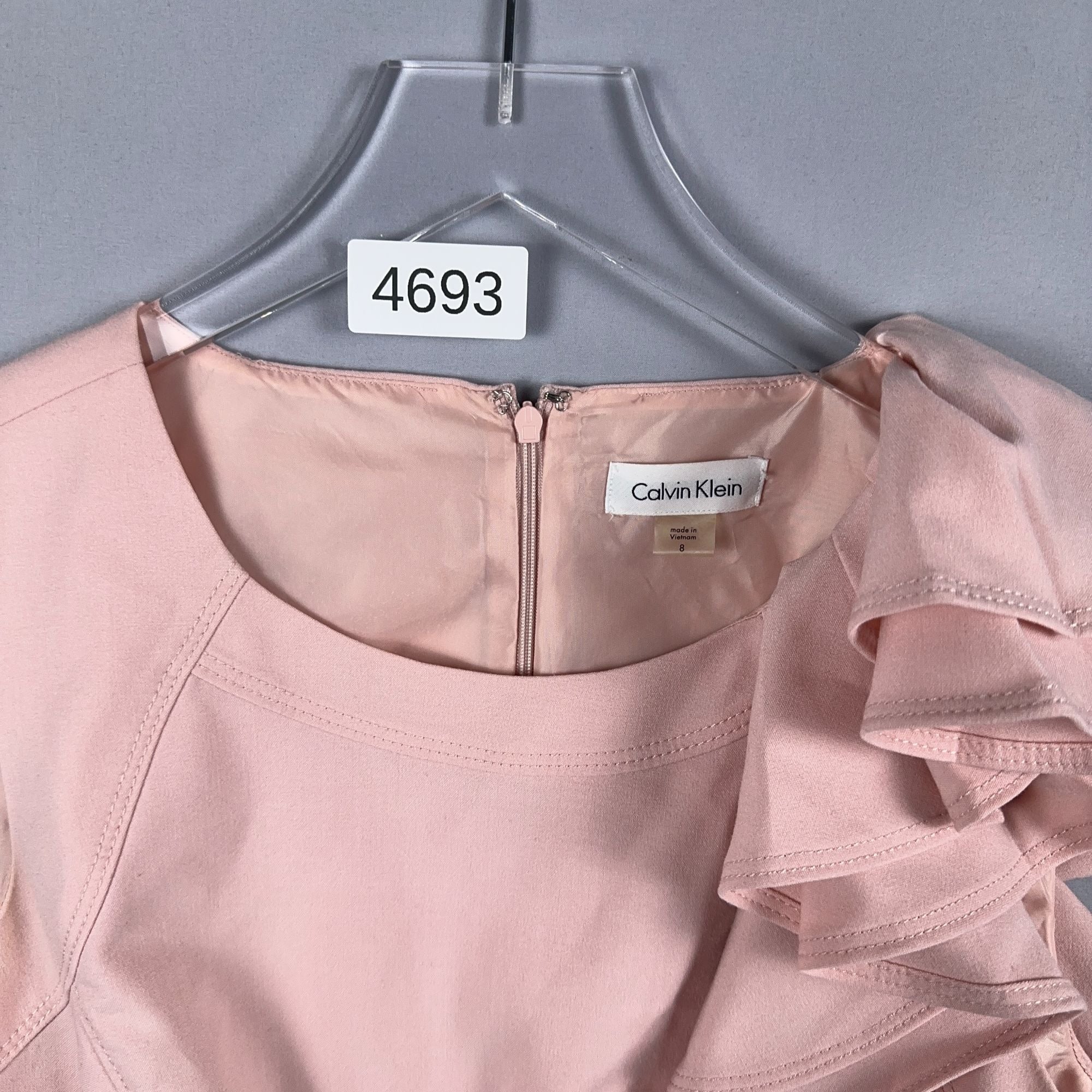 Calvin Klein Dress Size 8 Blush Pink Ruffle-Shoulder Elegant Professional