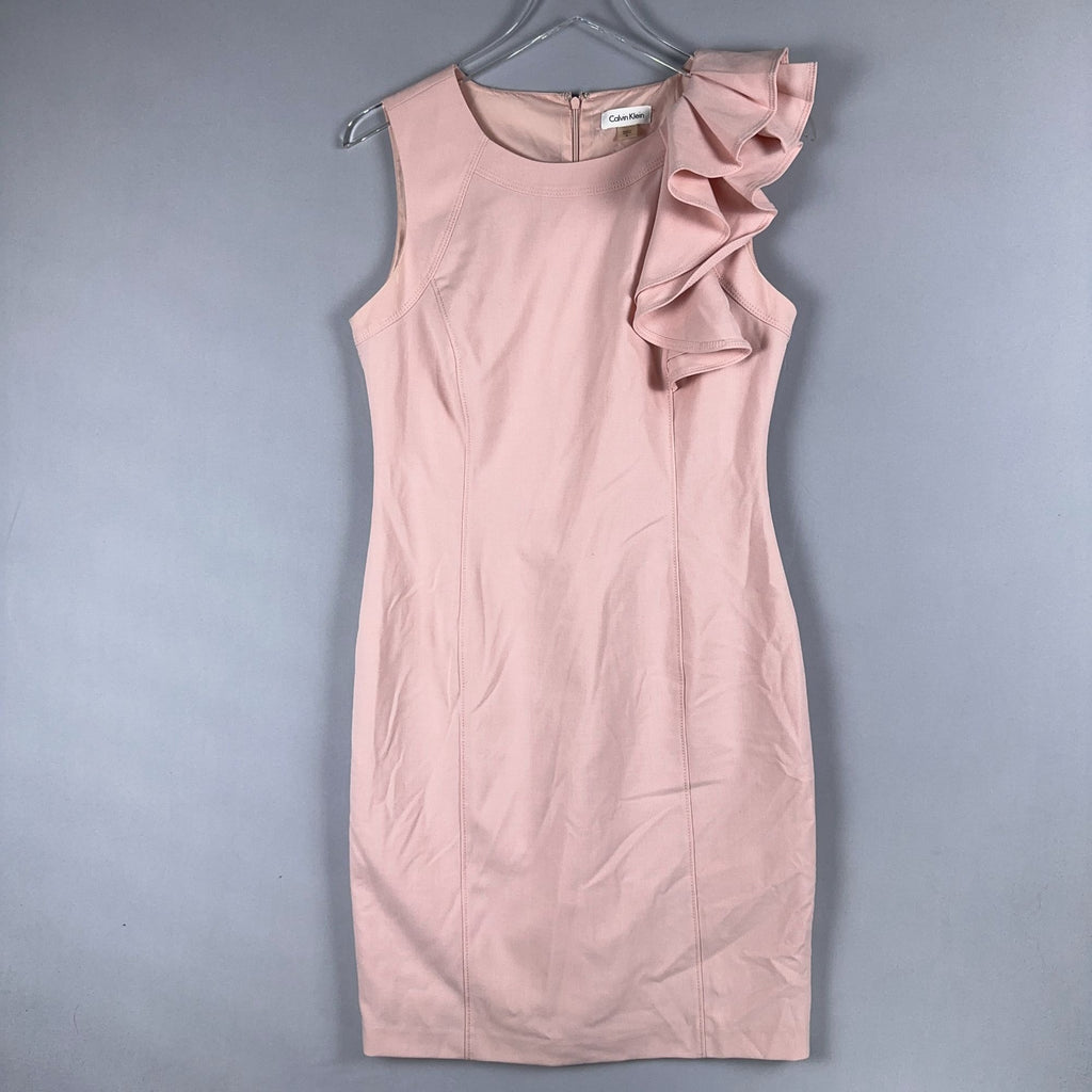 Calvin Klein Dress Size 8 Blush Pink Ruffle-Shoulder Elegant Professional