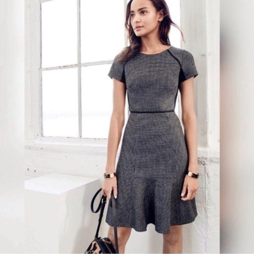 J. Crew Dress Houndstooth Knit Flare Women Size 12 Gray Black Short Sleeve