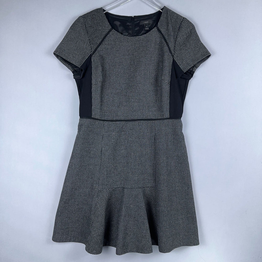 J. Crew Dress Houndstooth Knit Flare Women Size 12 Gray Black Short Sleeve