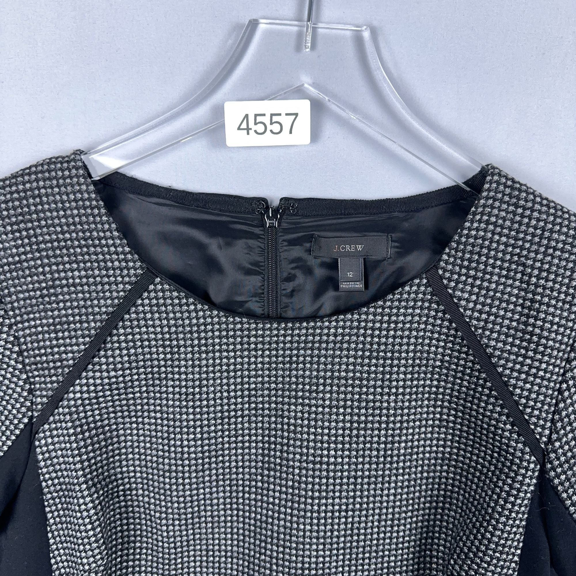 J. Crew Dress Houndstooth Knit Flare Women Size 12 Gray Black Short Sleeve
