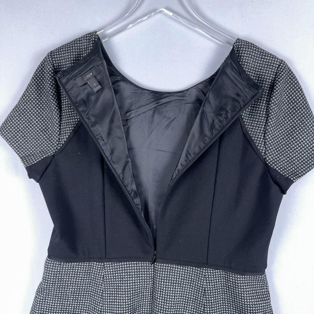 J. Crew Dress Houndstooth Knit Flare Women Size 12 Gray Black Short Sleeve