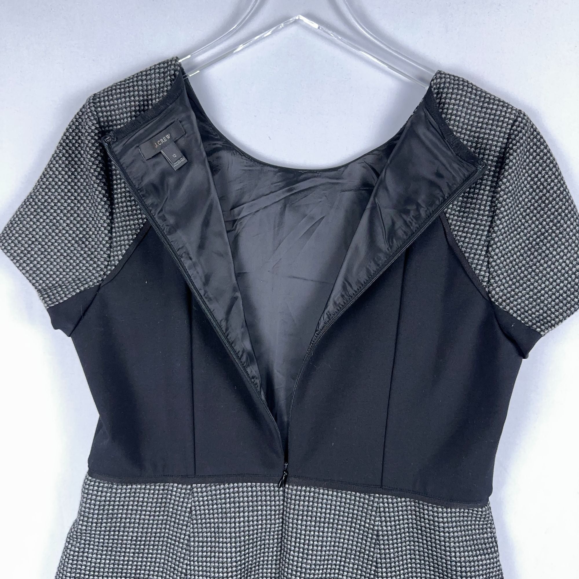 J. Crew Dress Houndstooth Knit Flare Women Size 12 Gray Black Short Sleeve
