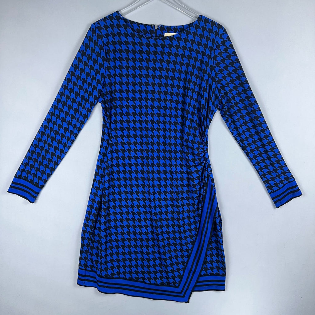 Michael Michael Kors Sheath Dress Womens Size L Blue Black Houndstooth Faux Wrap