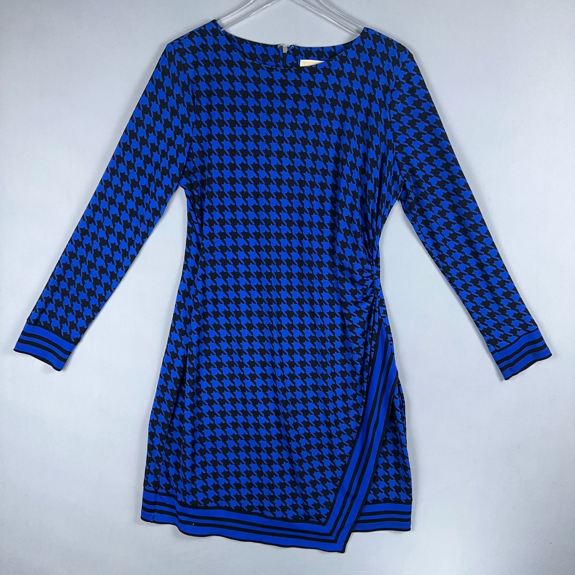 Michael Michael Kors Sheath Dress Womens Size L Blue Black Houndstooth Faux Wrap