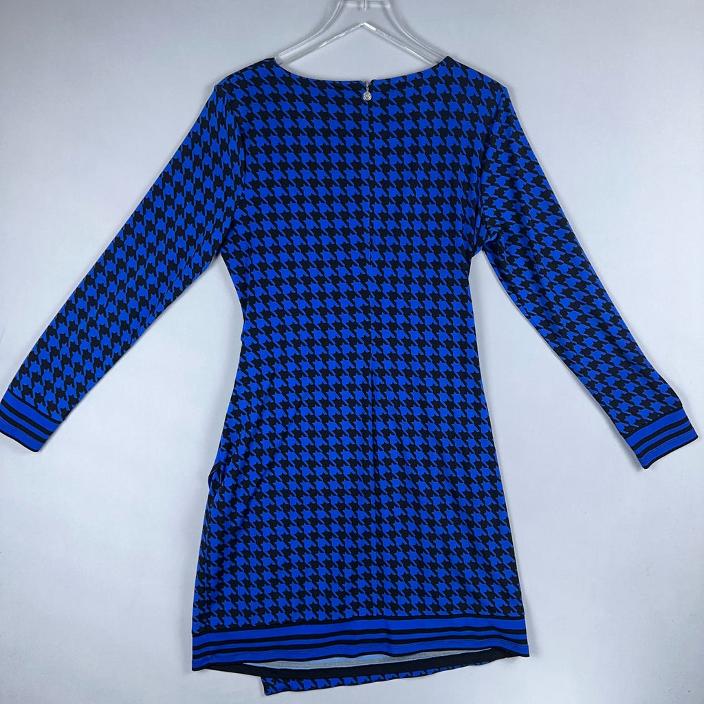 Michael Michael Kors Sheath Dress Womens Size L Blue Black Houndstooth Faux Wrap