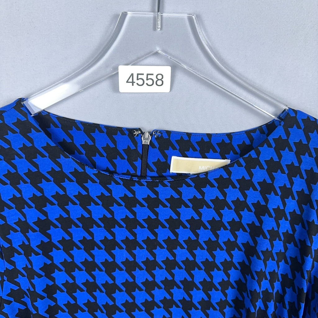 Michael Michael Kors Sheath Dress Womens Size L Blue Black Houndstooth Faux Wrap