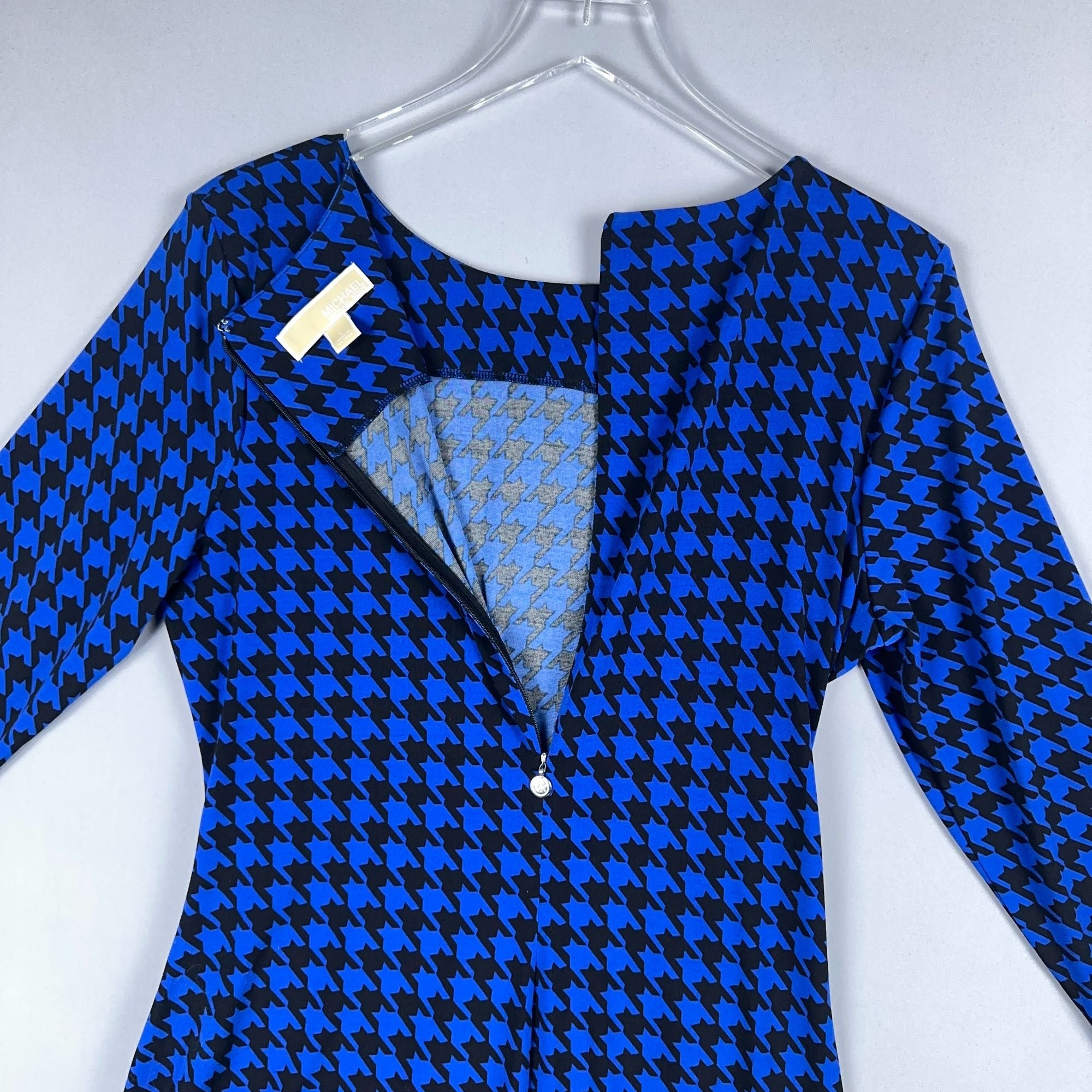 Michael Michael Kors Sheath Dress Womens Size L Blue Black Houndstooth Faux Wrap