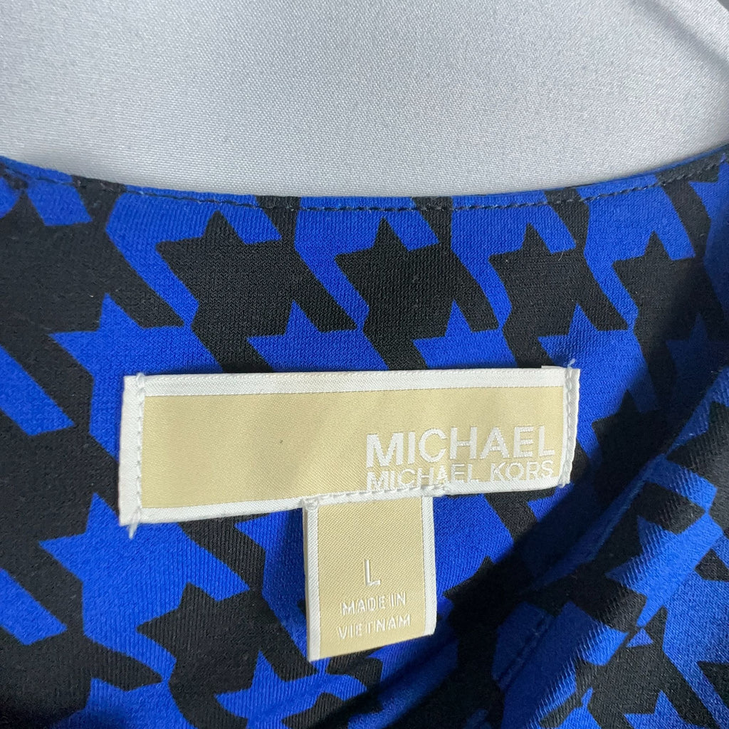 Michael Michael Kors Sheath Dress Womens Size L Blue Black Houndstooth Faux Wrap
