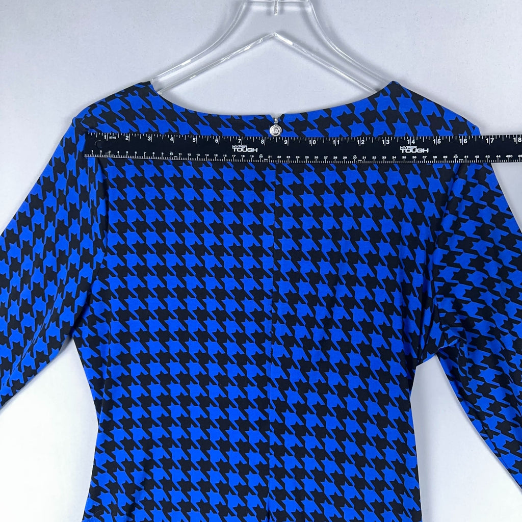 Michael Michael Kors Sheath Dress Womens Size L Blue Black Houndstooth Faux Wrap