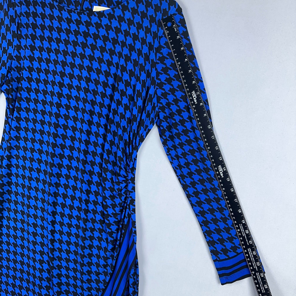 Michael Michael Kors Sheath Dress Womens Size L Blue Black Houndstooth Faux Wrap