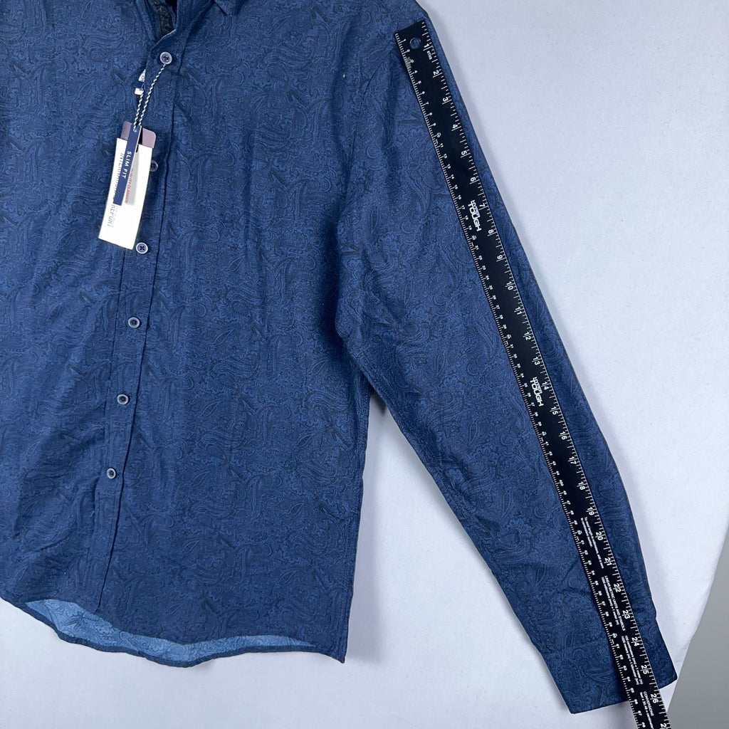 International Report Button-Up Shirt Mens Size Large Navy Paisley Long Sleeve