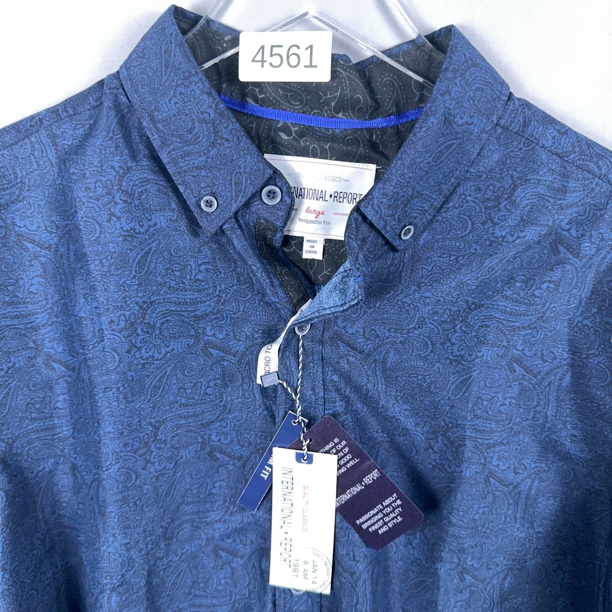 International Report Button-Up Shirt Mens Size Large Navy Paisley Long Sleeve