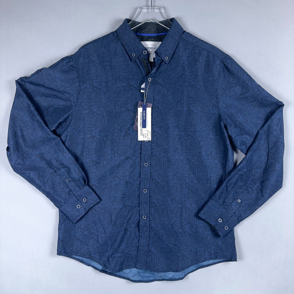 International Report Button-Up Shirt Mens Size Large Navy Paisley Long Sleeve