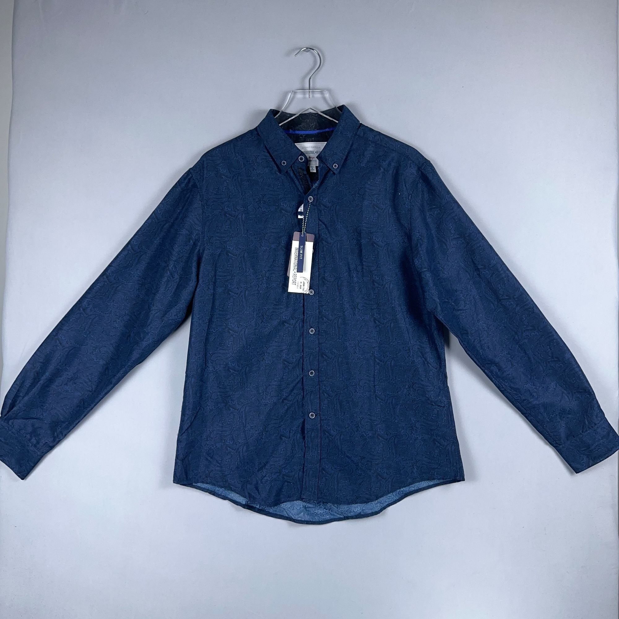 International Report Button-Up Shirt Mens Size Large Navy Paisley Long Sleeve