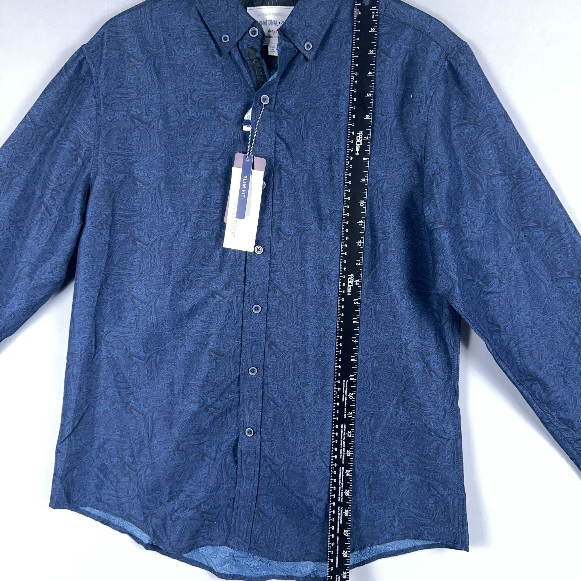 International Report Button-Up Shirt Mens Size Large Navy Paisley Long Sleeve