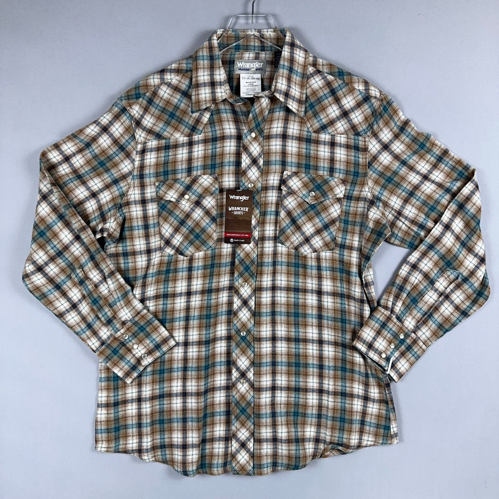 Wrangler Shirt Western Plaid 100% Cotton Mens Size Large Brown Blue