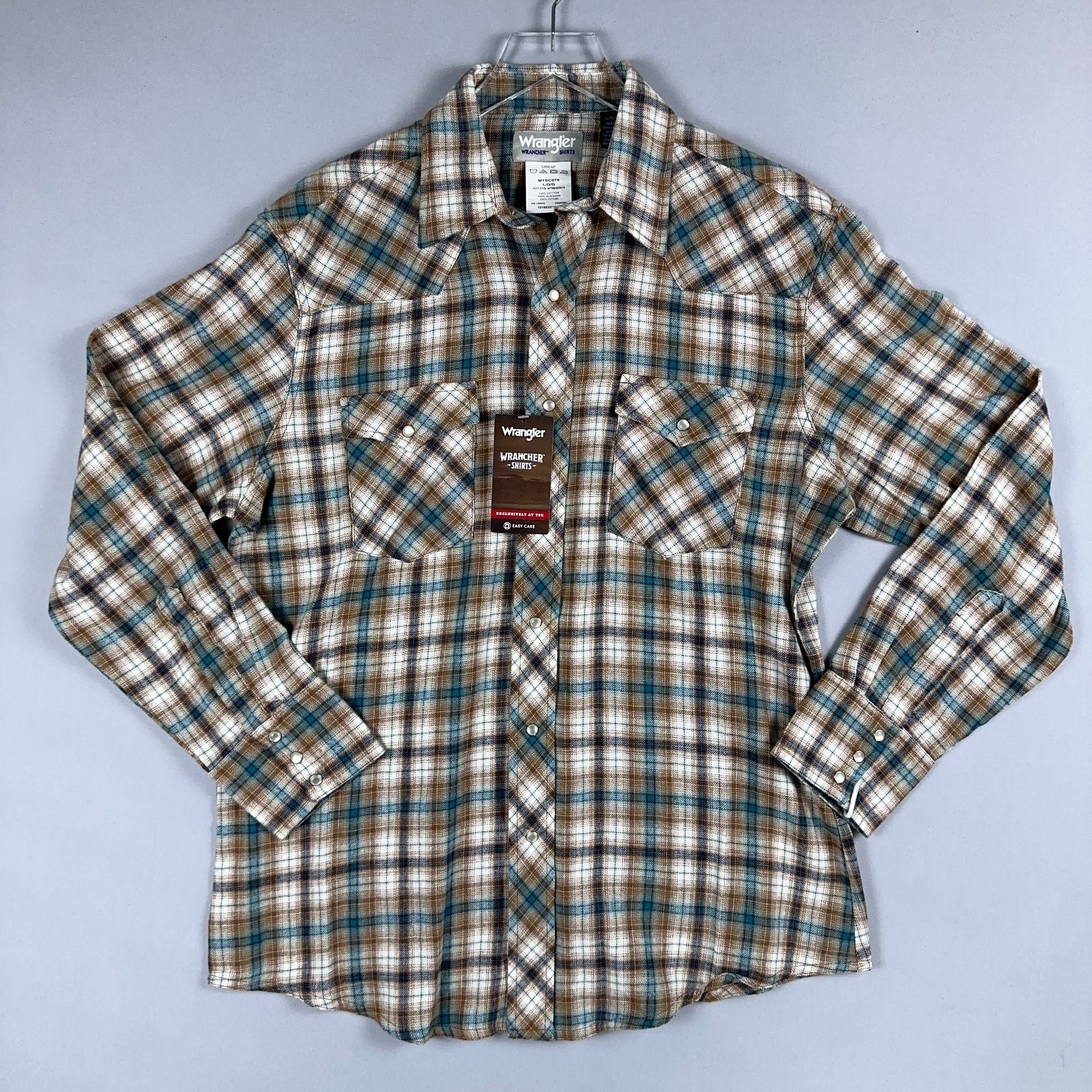 Wrangler Shirt Western Plaid 100% Cotton Mens Size Large Brown Blue
