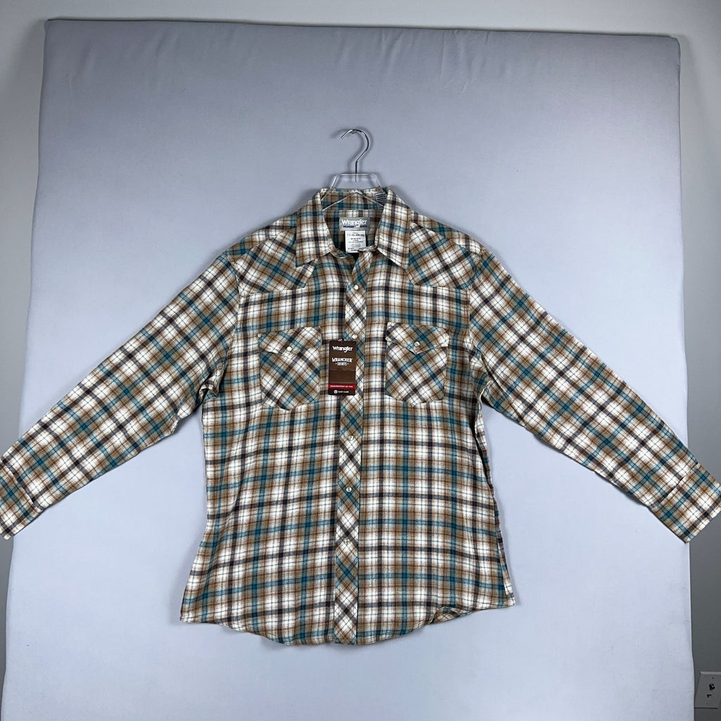 Wrangler Shirt Western Plaid 100% Cotton Mens Size Large Brown Blue