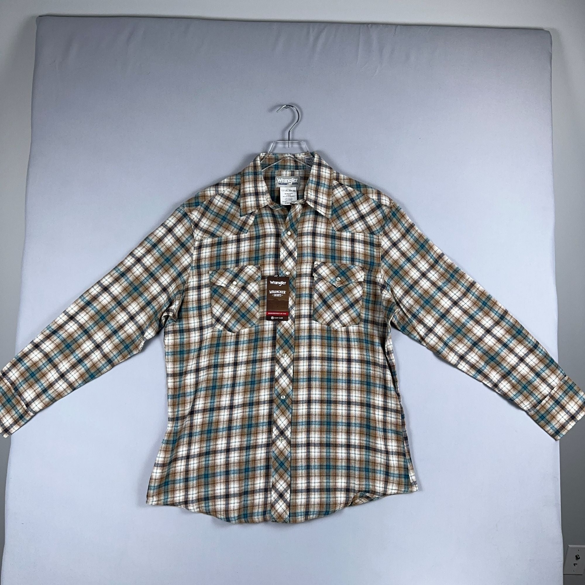 Wrangler Shirt Western Plaid 100% Cotton Mens Size Large Brown Blue