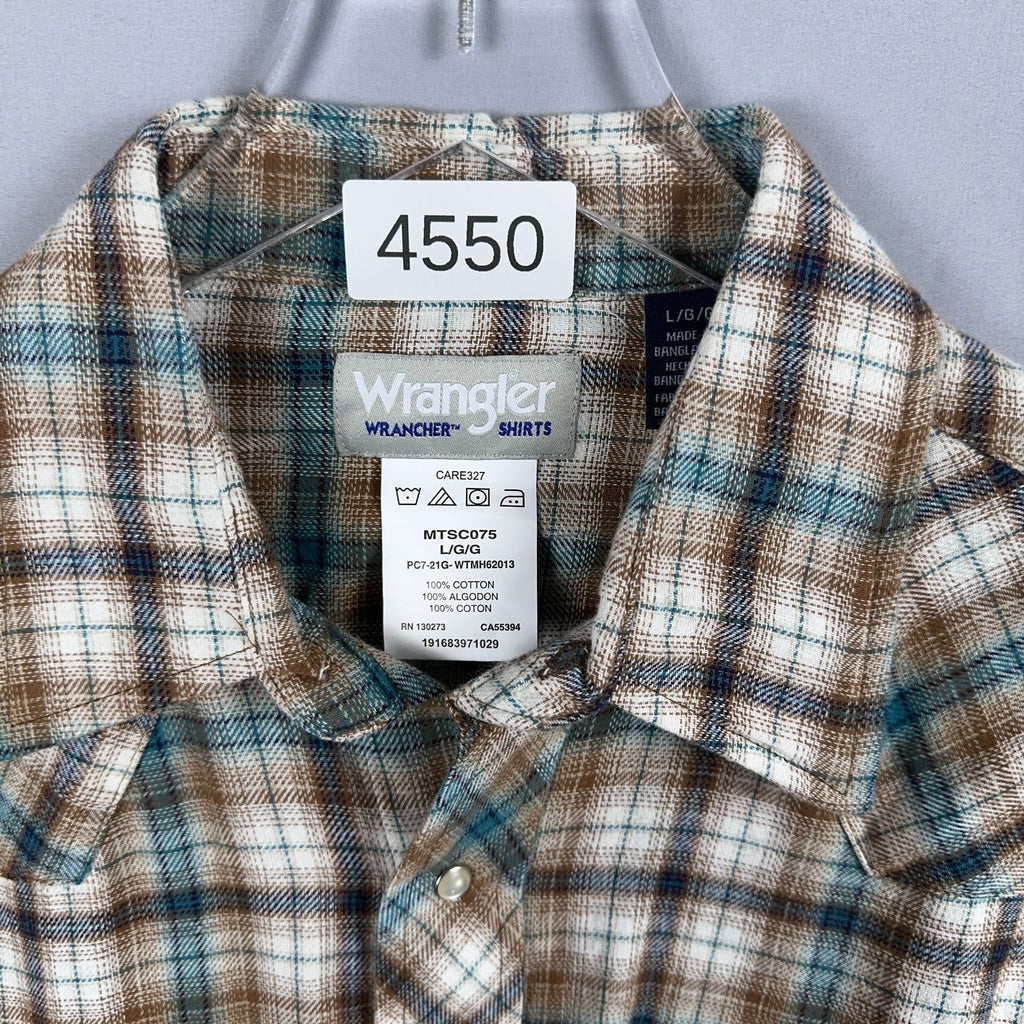 Wrangler Shirt Western Plaid 100% Cotton Mens Size Large Brown Blue