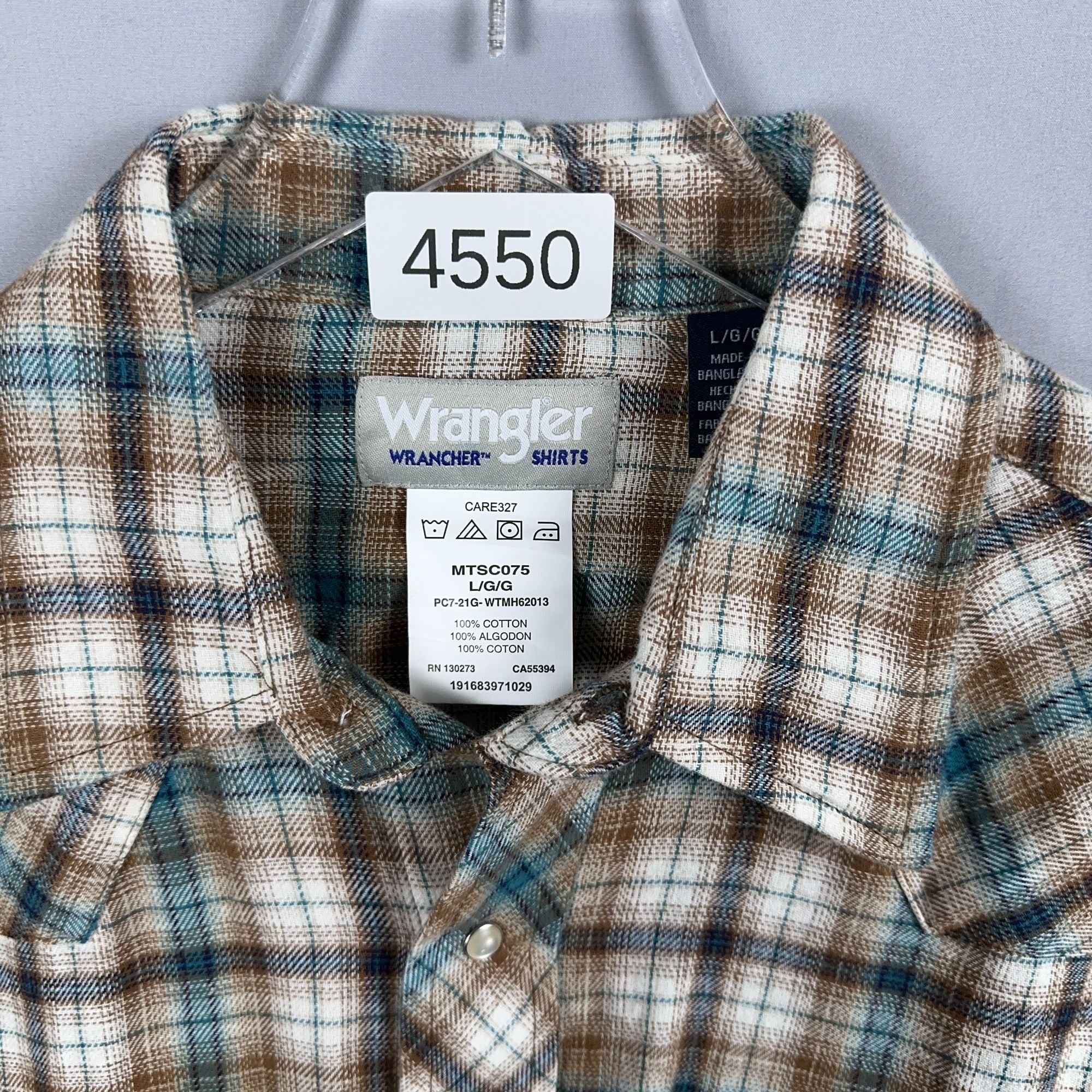 Wrangler Shirt Western Plaid 100% Cotton Mens Size Large Brown Blue