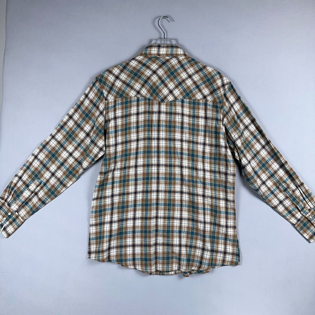 Wrangler Shirt Western Plaid 100% Cotton Mens Size Large Brown Blue