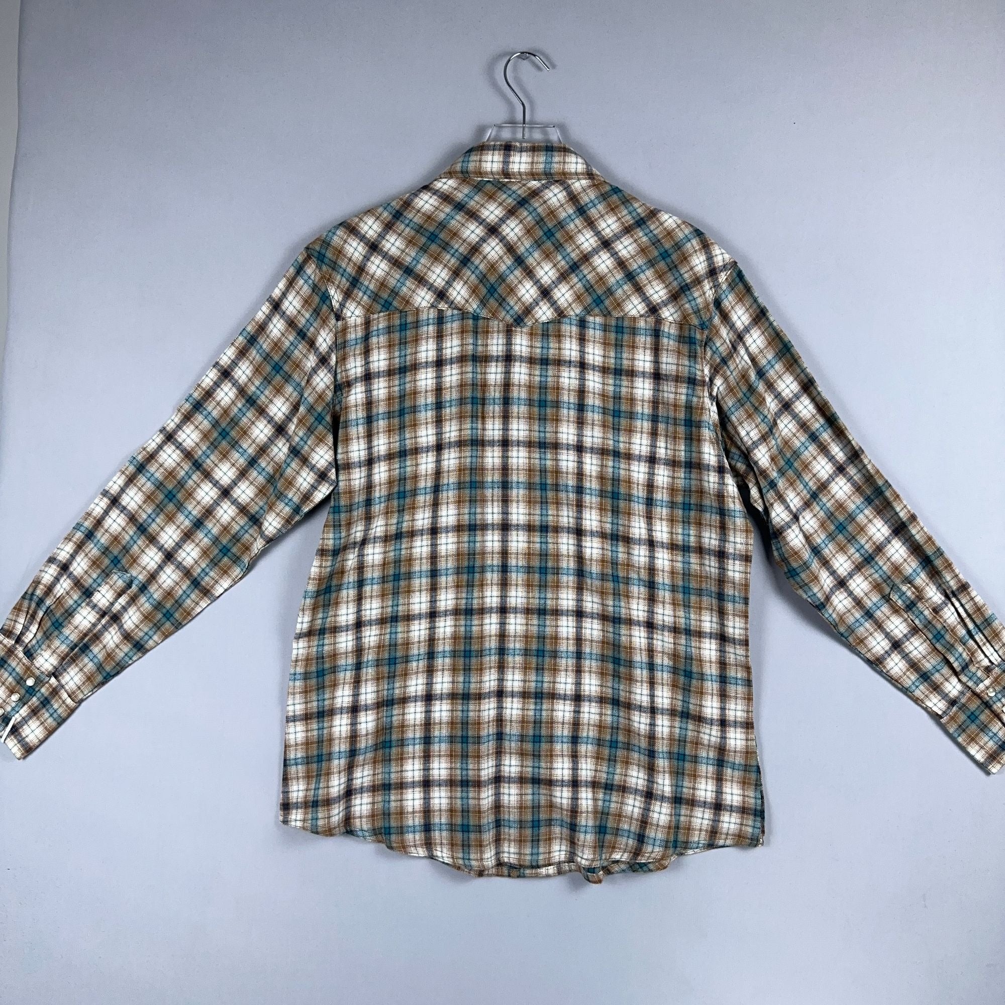 Wrangler Shirt Western Plaid 100% Cotton Mens Size Large Brown Blue