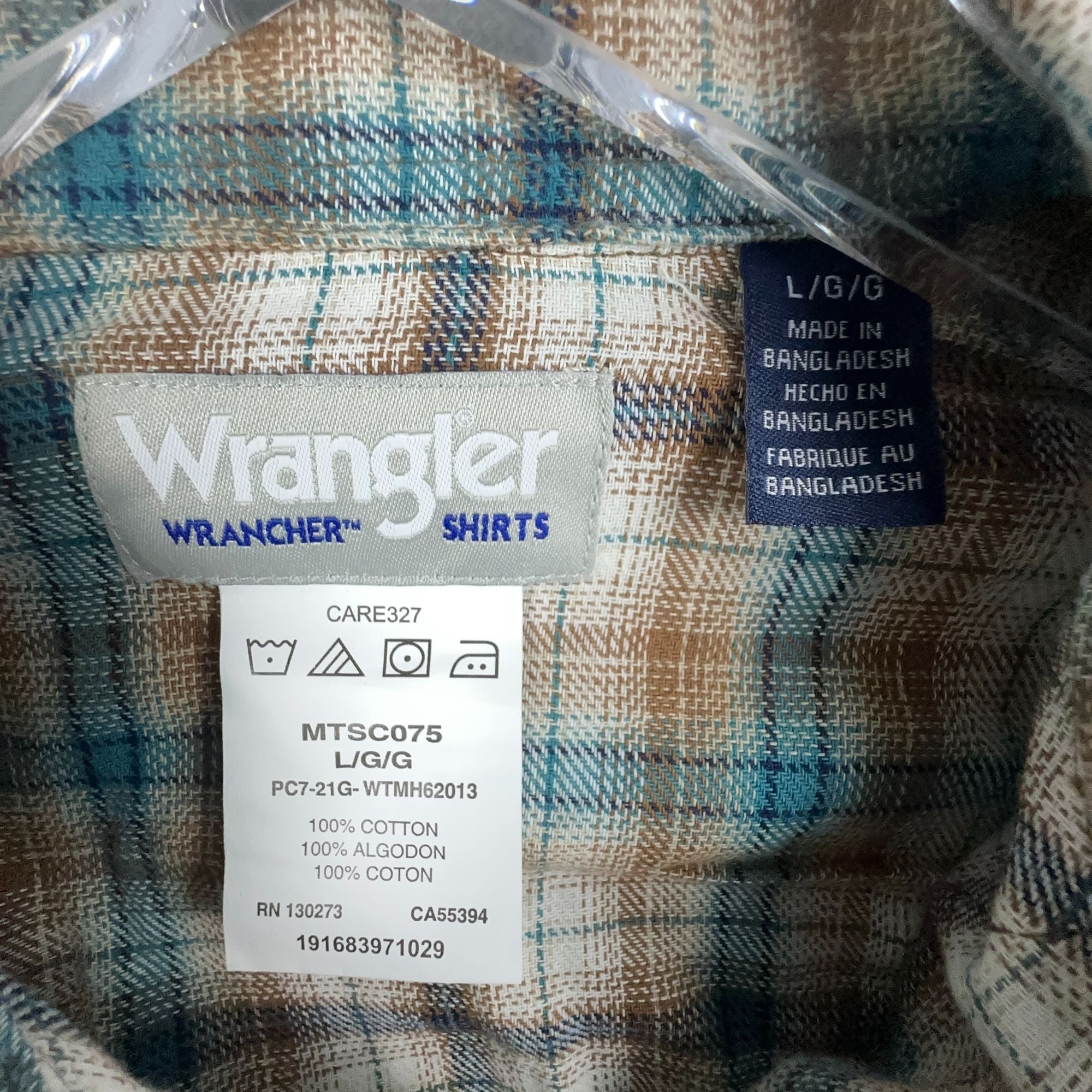 Wrangler Shirt Western Plaid 100% Cotton Mens Size Large Brown Blue