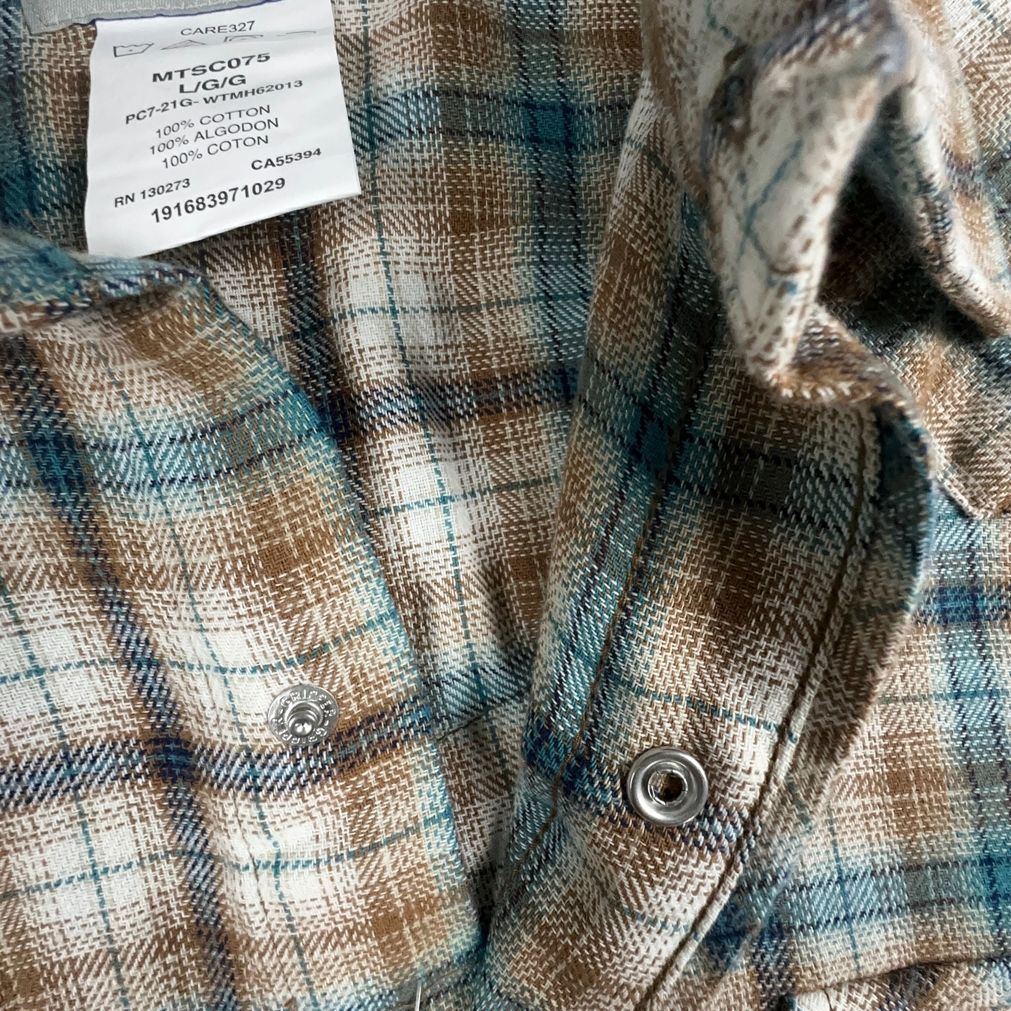 Wrangler Shirt Western Plaid 100% Cotton Mens Size Large Brown Blue