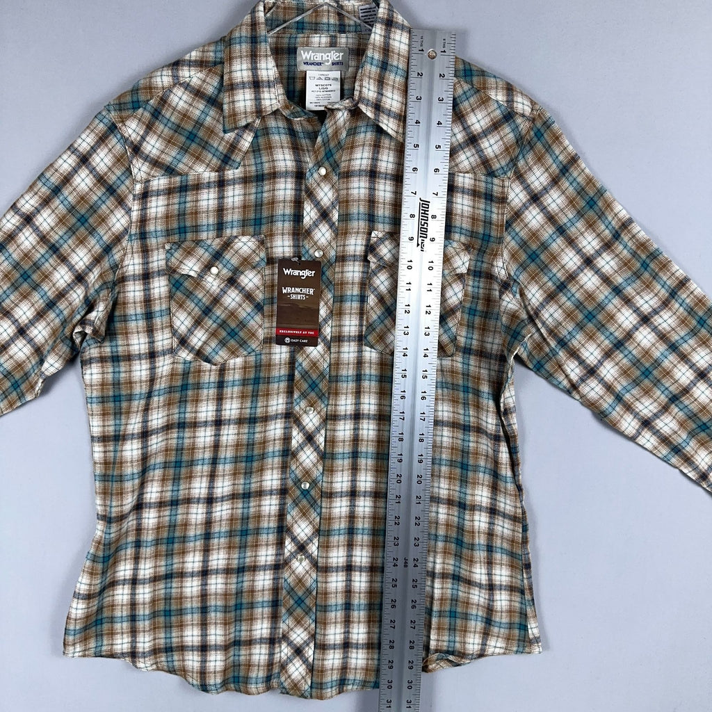Wrangler Shirt Western Plaid 100% Cotton Mens Size Large Brown Blue