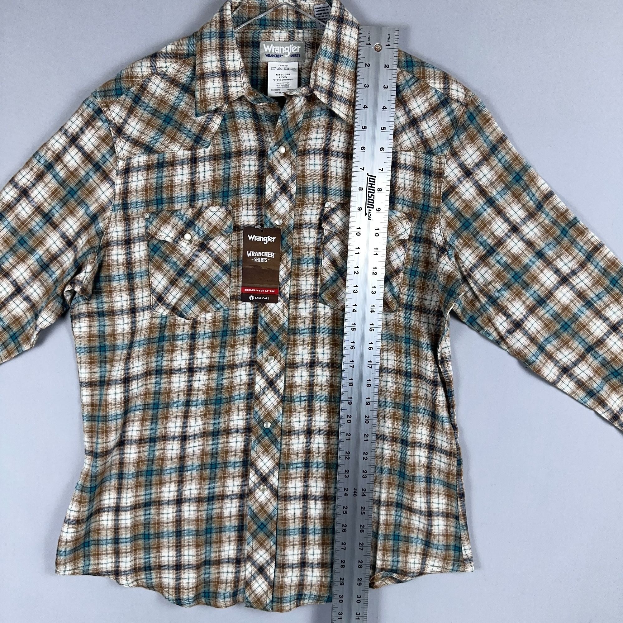Wrangler Shirt Western Plaid 100% Cotton Mens Size Large Brown Blue