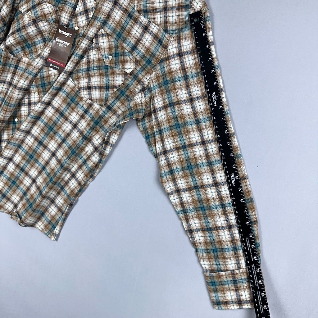 Wrangler Shirt Western Plaid 100% Cotton Mens Size Large Brown Blue