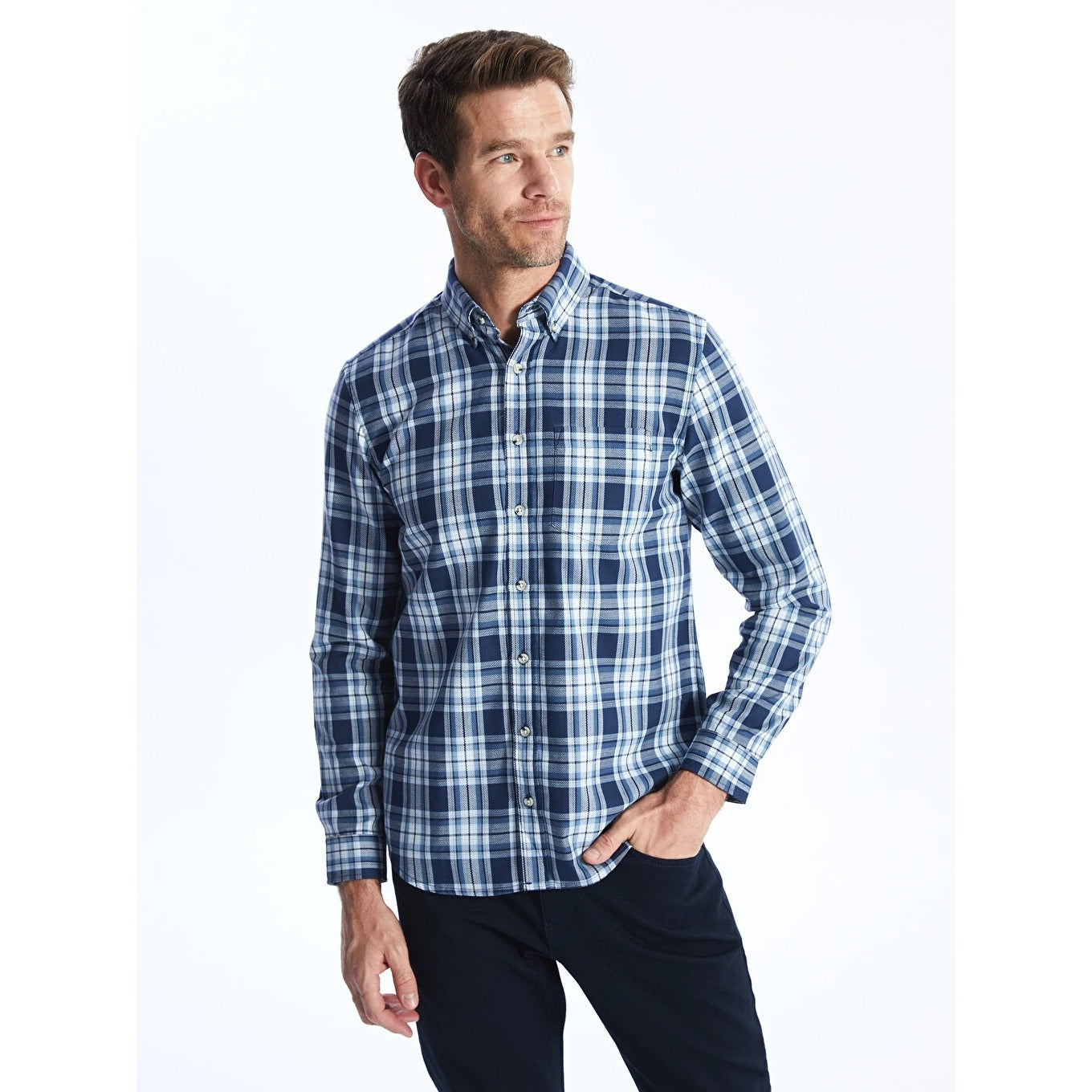 J.T. Ascott Plaid Button-Down Shirt 100% Cotton Mens Size Large Blue Regular Fit