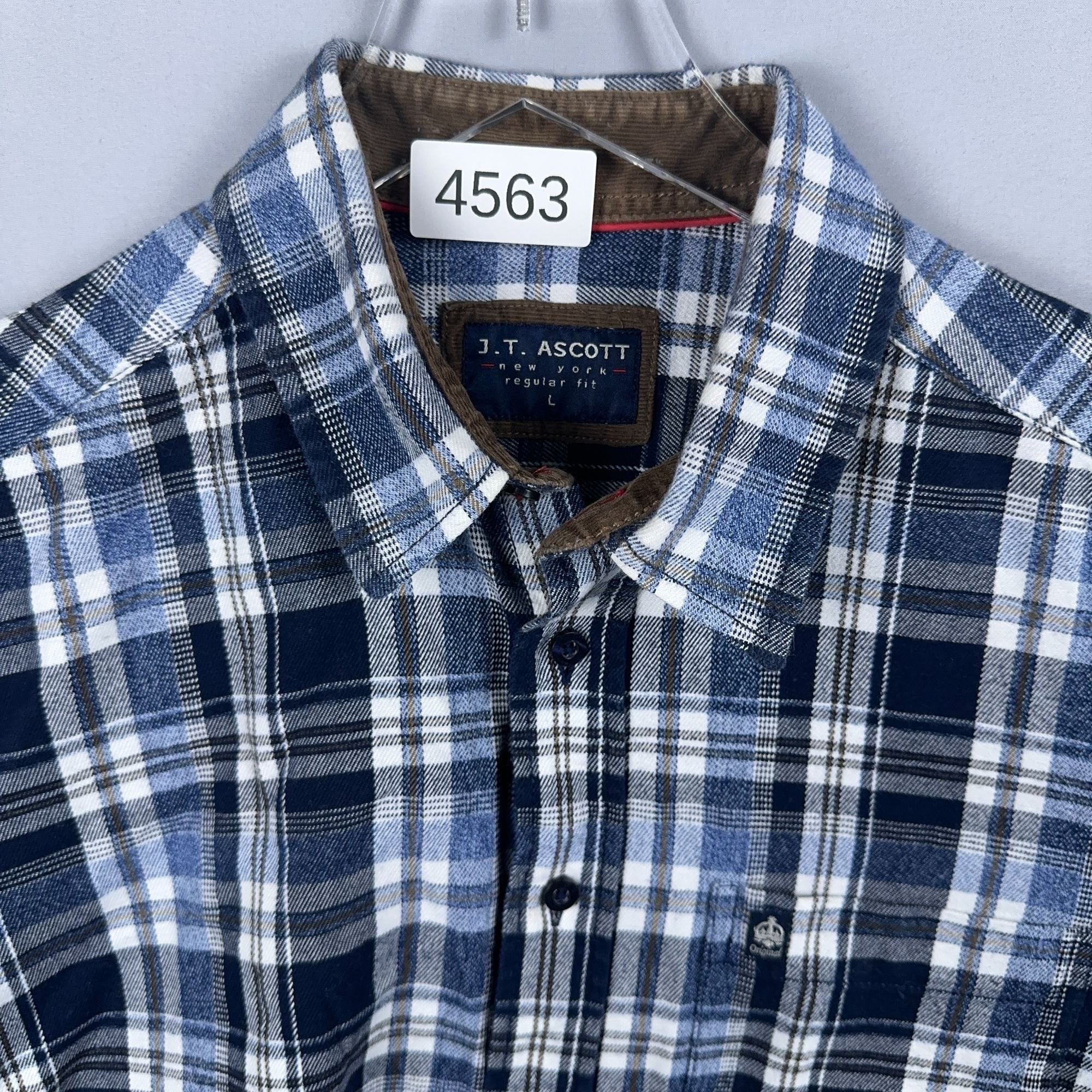 J.T. Ascott Plaid Button-Down Shirt 100% Cotton Mens Size Large Blue Regular Fit