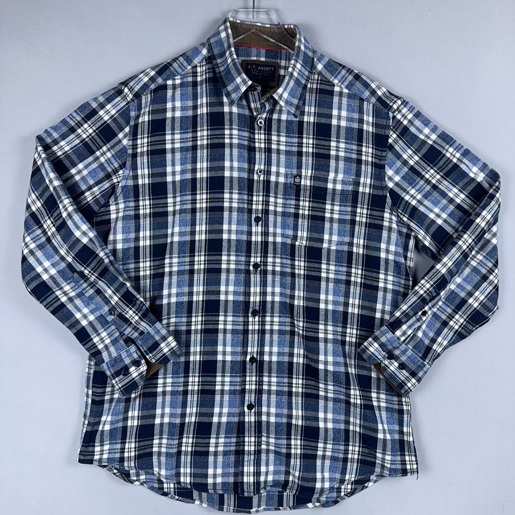 J.T. Ascott Plaid Button-Down Shirt 100% Cotton Mens Size Large Blue Regular Fit