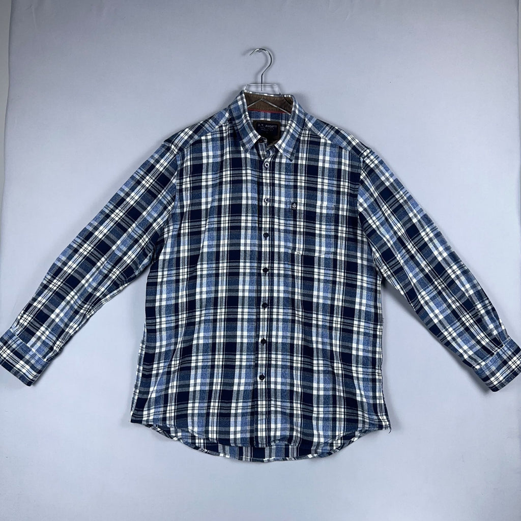 J.T. Ascott Plaid Button-Down Shirt 100% Cotton Mens Size Large Blue Regular Fit