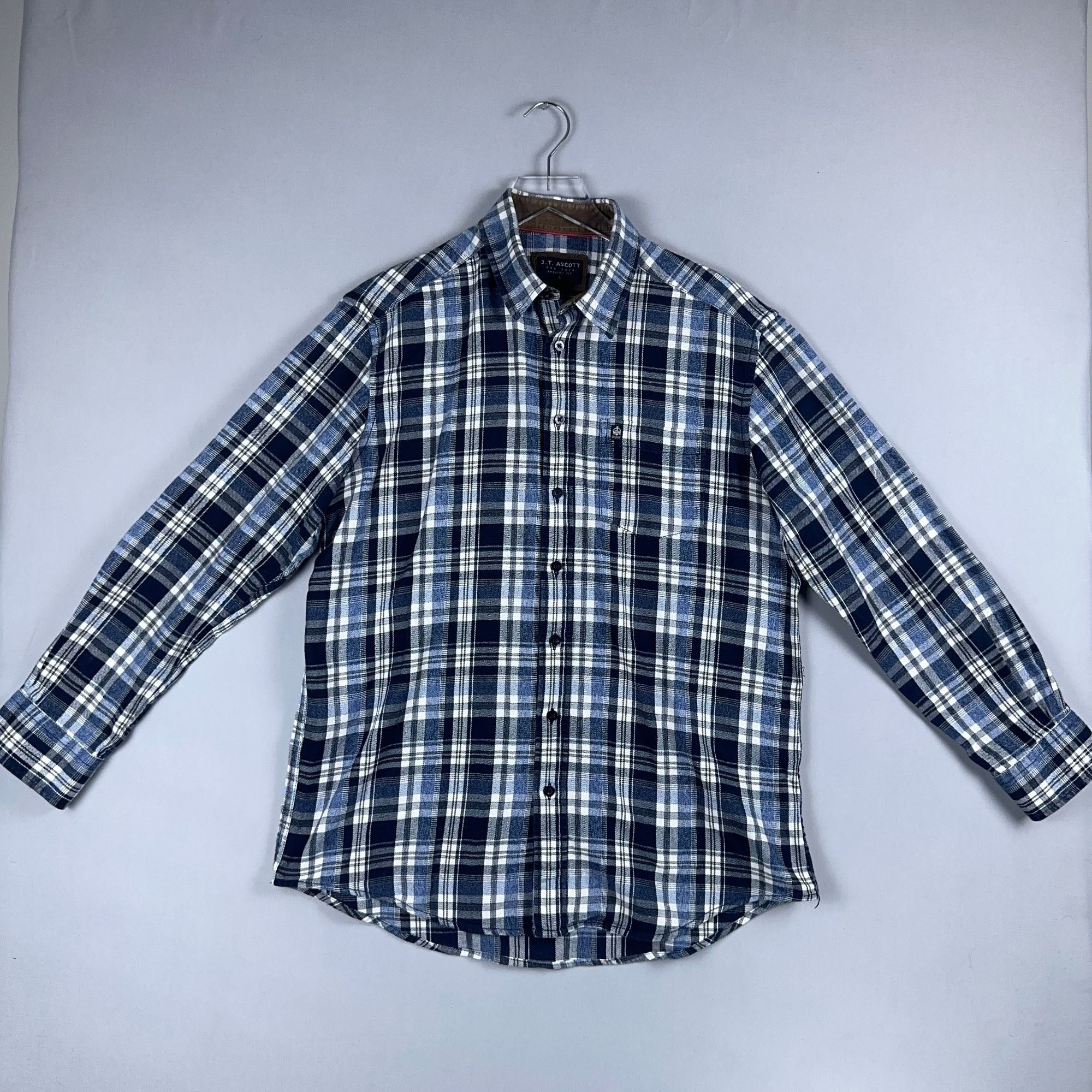 J.T. Ascott Plaid Button-Down Shirt 100% Cotton Mens Size Large Blue Regular Fit