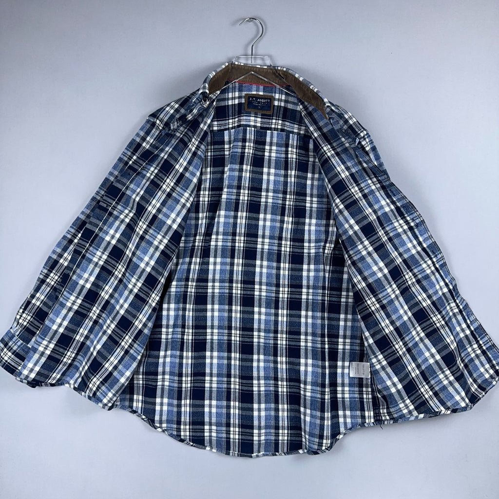 J.T. Ascott Plaid Button-Down Shirt 100% Cotton Mens Size Large Blue Regular Fit